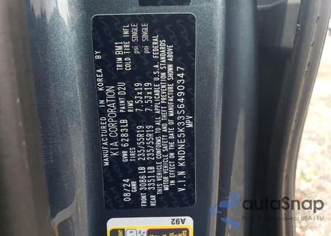 2025 Kia Carnival Sx z USA, uszkodzony, nr VIN KNDNE5K33S6490347